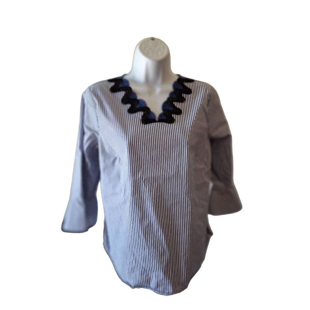 Talbots Tunic Blouse MP Blue Stripe Embroidered VNeck 3/4 Sleeves Lagenlook